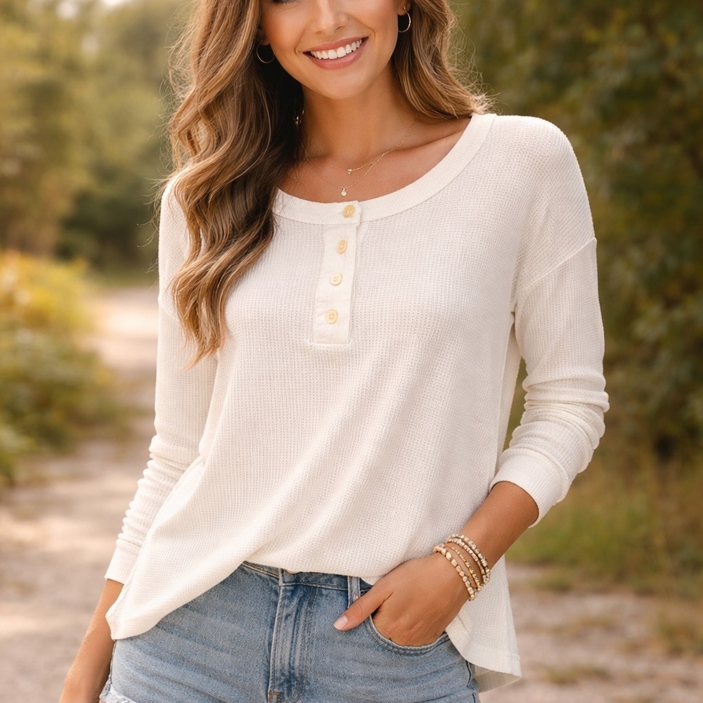 American Eagle Soft Waffle Knit Henley Top – White – S/P/CH
